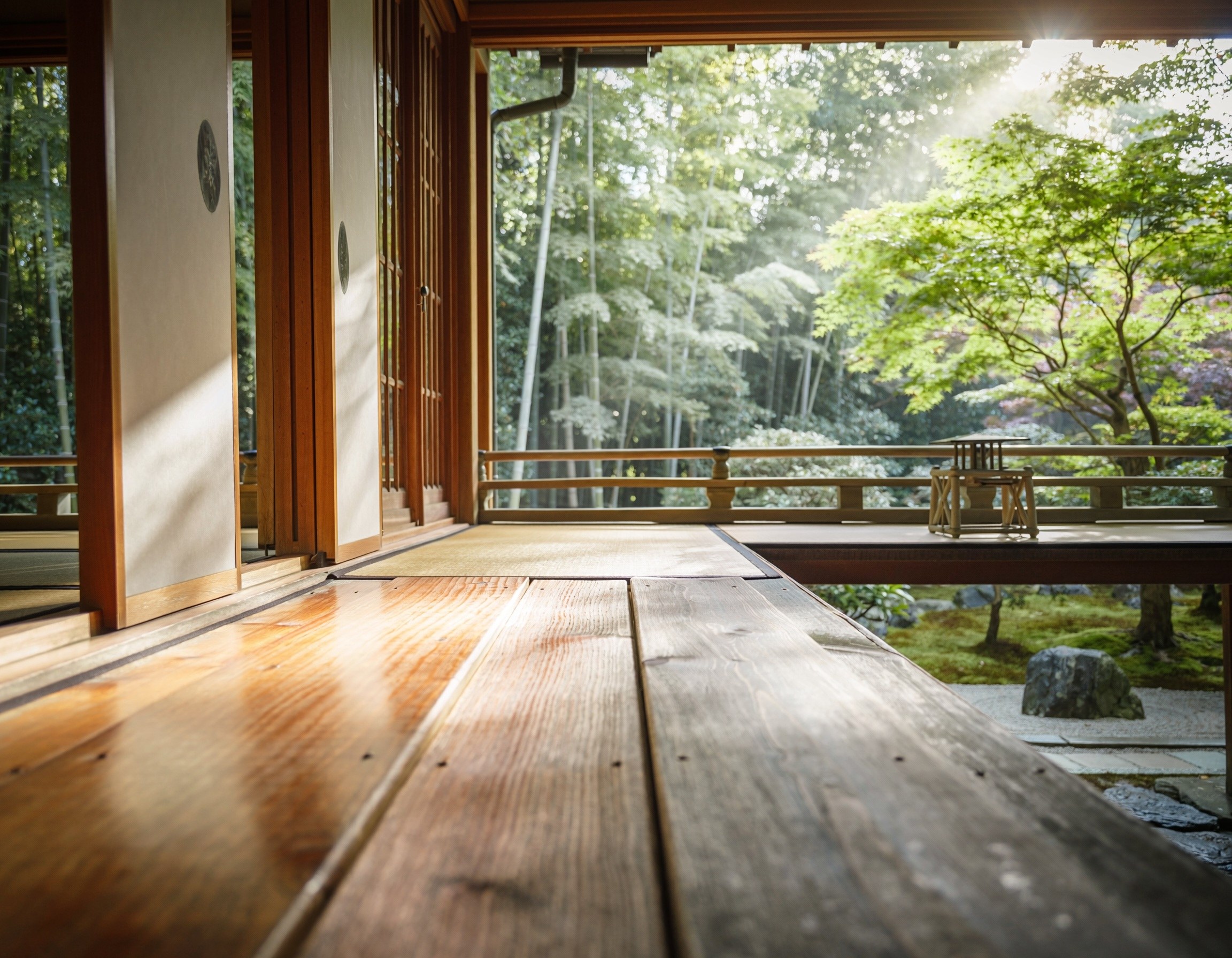 Morning light on the wooden veranda of a Japanese house, garden beyond
